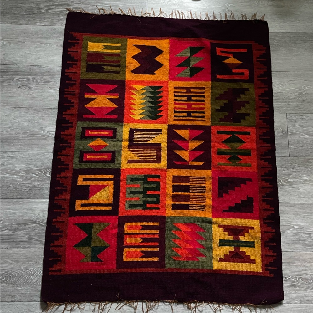 Vintage Zapotec Wool Tapestry Wall Hanging Rug Boho Hand Woven Peru Mexican